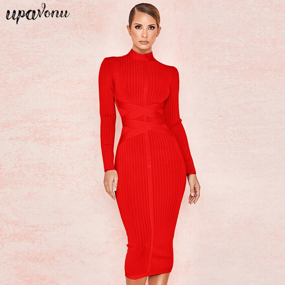 Free shippin New Arrival 2021 Women Midi Bandage Dress Red Sexy High Neck Long Sleeve Bodycon Bandage Dress Rayon Party Dresses