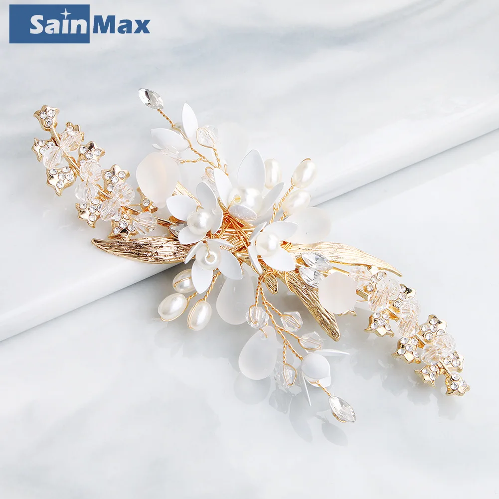 Sainmax pérola grampo de cabelo para casamento bridial acessórios para o cabelo cristal liga flor jóias do cabelo ouro cor enfeites de cabelo