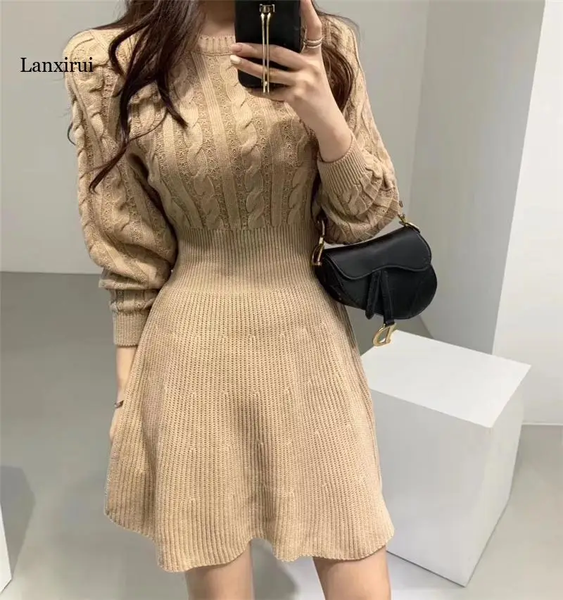

Fashion Autumn Winter Knitted Dress Women Twist Pattern Umbrella Pleated Dress Elegant Thick Lantern Sleeve Mini Sweater Dresses
