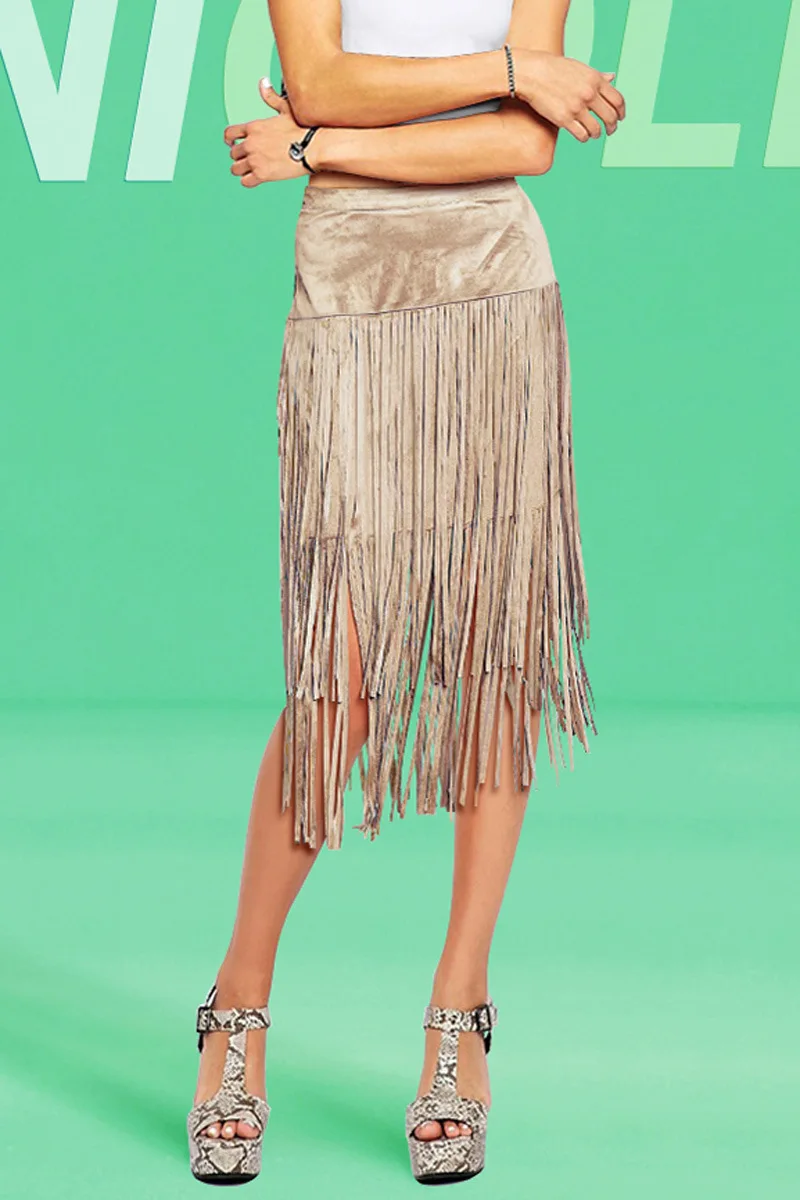 Suede Fringed High Waist Skirt with Irregular Body Shape Skirts Womens Faldas Short Skirt