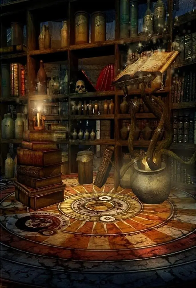 Vintage Magic Room Background Witch Magical Potion Skull Photography Backdrop Medieval Wizard Candle Bookshelf Retro Books Props