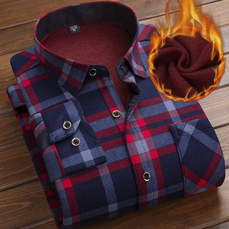 

Autumn Winter Thicken Fleece Shirt Men Business Plaid Shirt Long Sleeve Warm Clothes Turn Down Collar Button Up Shirts Classic