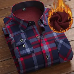 Autumn Winter Thicken Fleece Shirt Men Business Plaid Shirt Long Sleeve Warm Clothes Turn Down Collar Button Up Shirts Classic