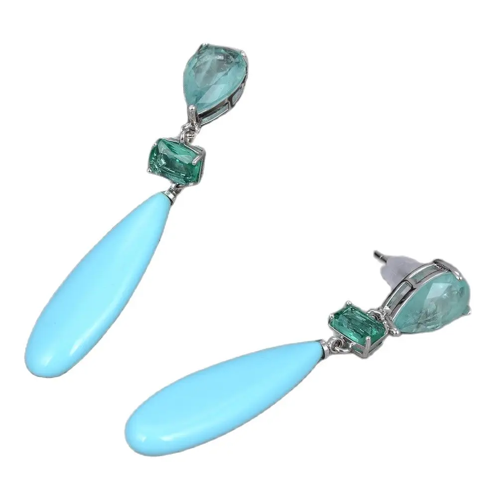 GG Jewelry Natural Green Color Crystal Pave Blue Turquoises Teardrop Stud Earrings Ethnic Style For Women Lady Girl Gift Jewelry