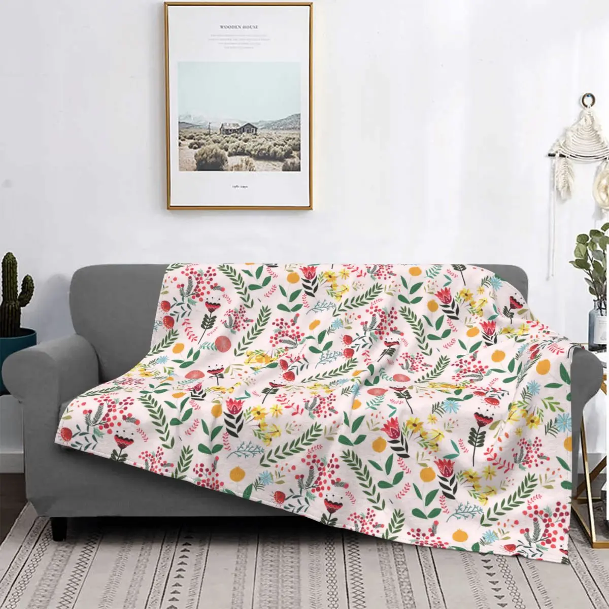 Cute Colorful Floral Botanical Blankets Fleece Decoration Ultra-Soft Throw Blankets for Bedding Bedroom Plush Thin Quilt