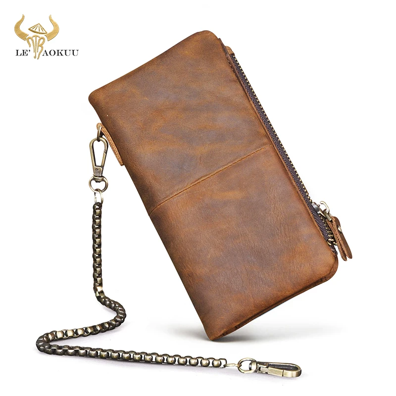 

Crazy Horse leather Fashion Gift Long Business Card Holder Organizer Travel Chain Snap Wallet Purse For Men Male Designer 1029