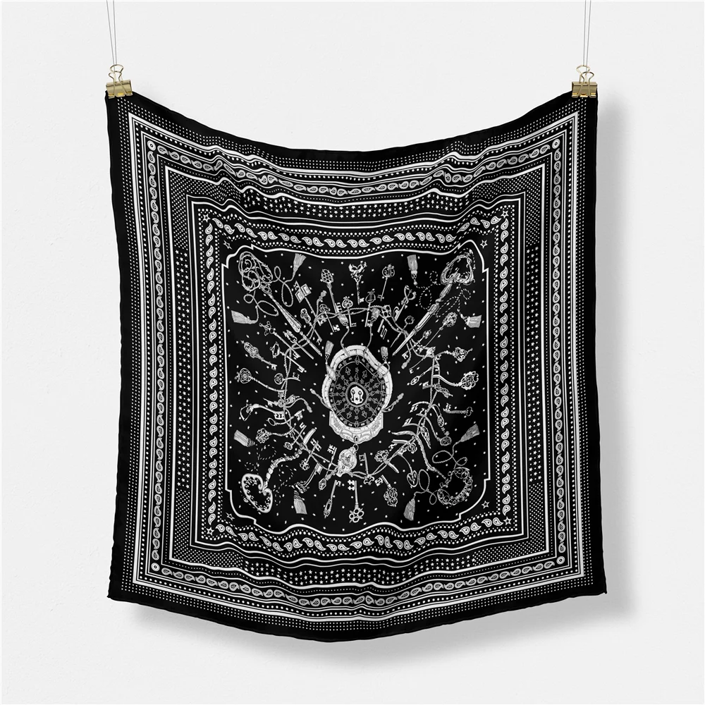 Twill Silk Scarf Woman Key Chain Painting Square Scarves Wraps Bandana Small Hijab Silk Foulards Tie Headband Neckerchief 53CM