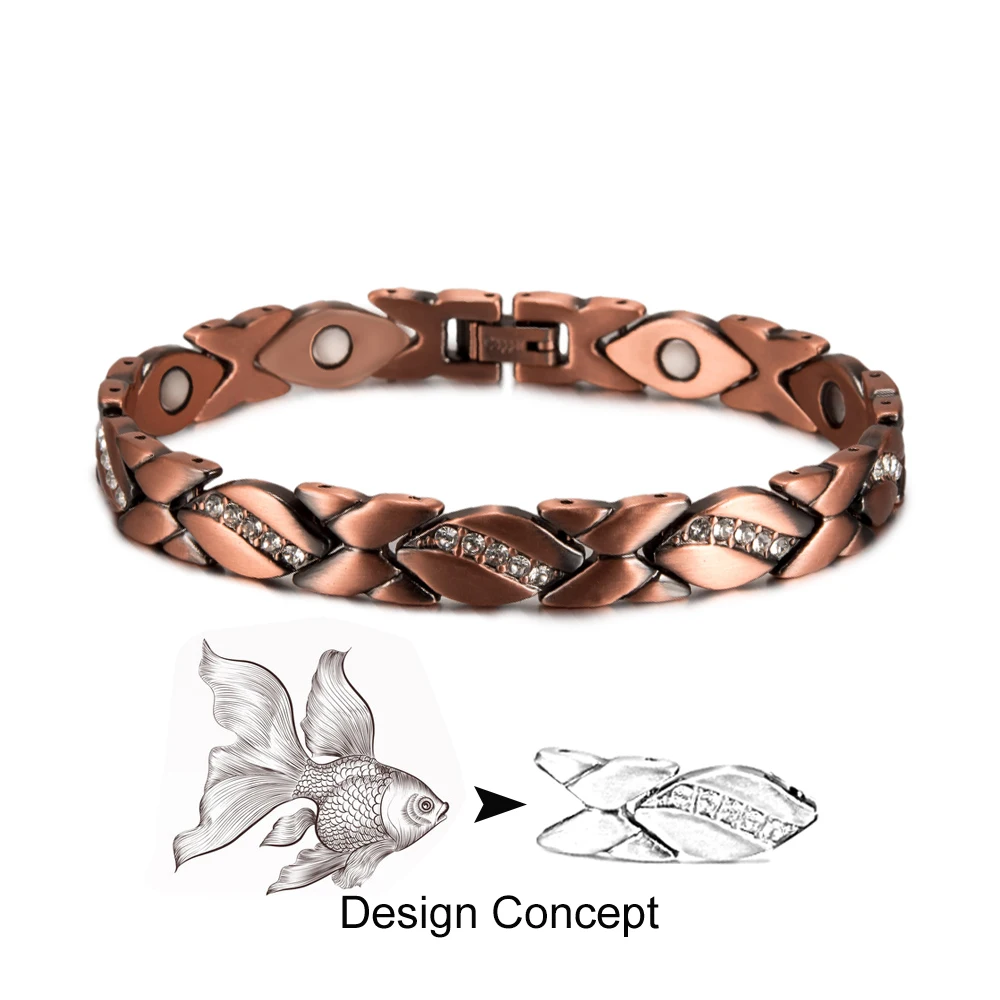 Goldfish Pattern Pure Copper Magnetic Bracelet for Men Women Cubic Zirconia Health Energy Benefits Arthritis Wrist Band Magnet