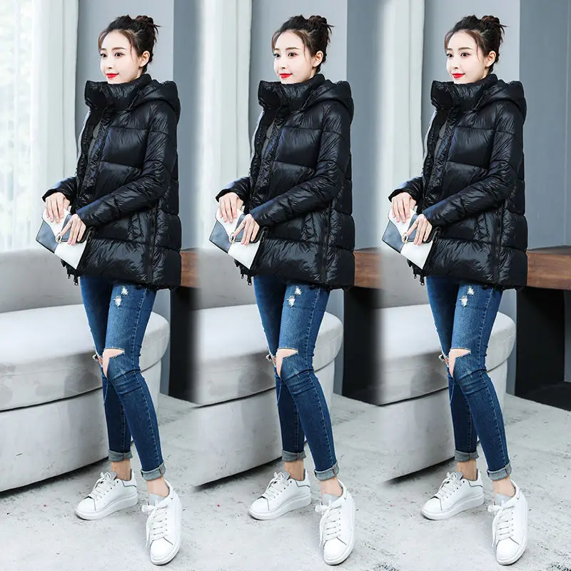 2019 Winter Jacket Women Short Glossy Down Jackets Cotton Padded Parkas Hooded Bright Shiny Warm Thick Parkas Female Coats