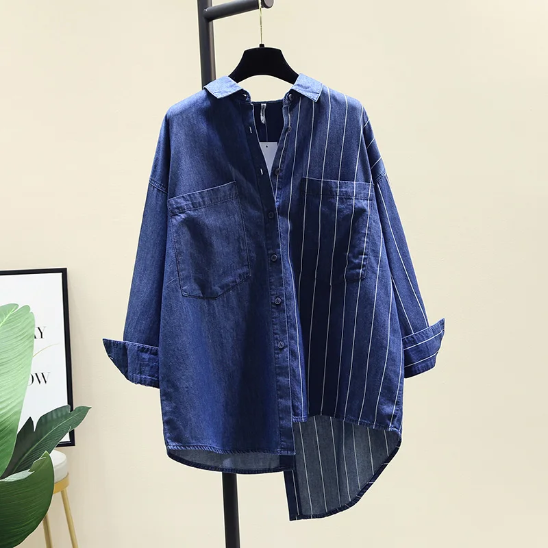 

SuperAen Dark Blue Denim Shirt Women's 2021 Autumn New Irregular Double Pocket Casual Striped Patchwork Top