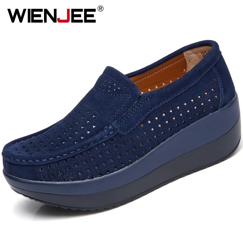 WIENJEE 2019 Spring Platform Women Shoes Flats Sneakers Suede Leather Women Casual Shoes Slip On Flats Heels Creepers Moccasins