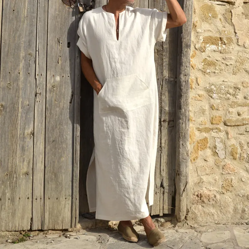 Мусульманский Арабский Кафтан Jubba Thobe для мужчин, льняной хлопковый однотонный халат с коротким рукавом и капюшоном, мусульманская одежда Дубая для Ближнего Востока, Abaya Homme
