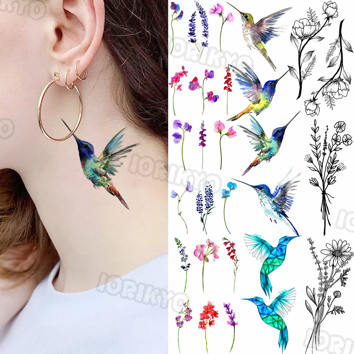 Petits tatouages temporaires colorés colibri pour femmes, filles, fleur de prunier µ, faux tatouage autocollant, tatouages d'oreille de cou de mariage