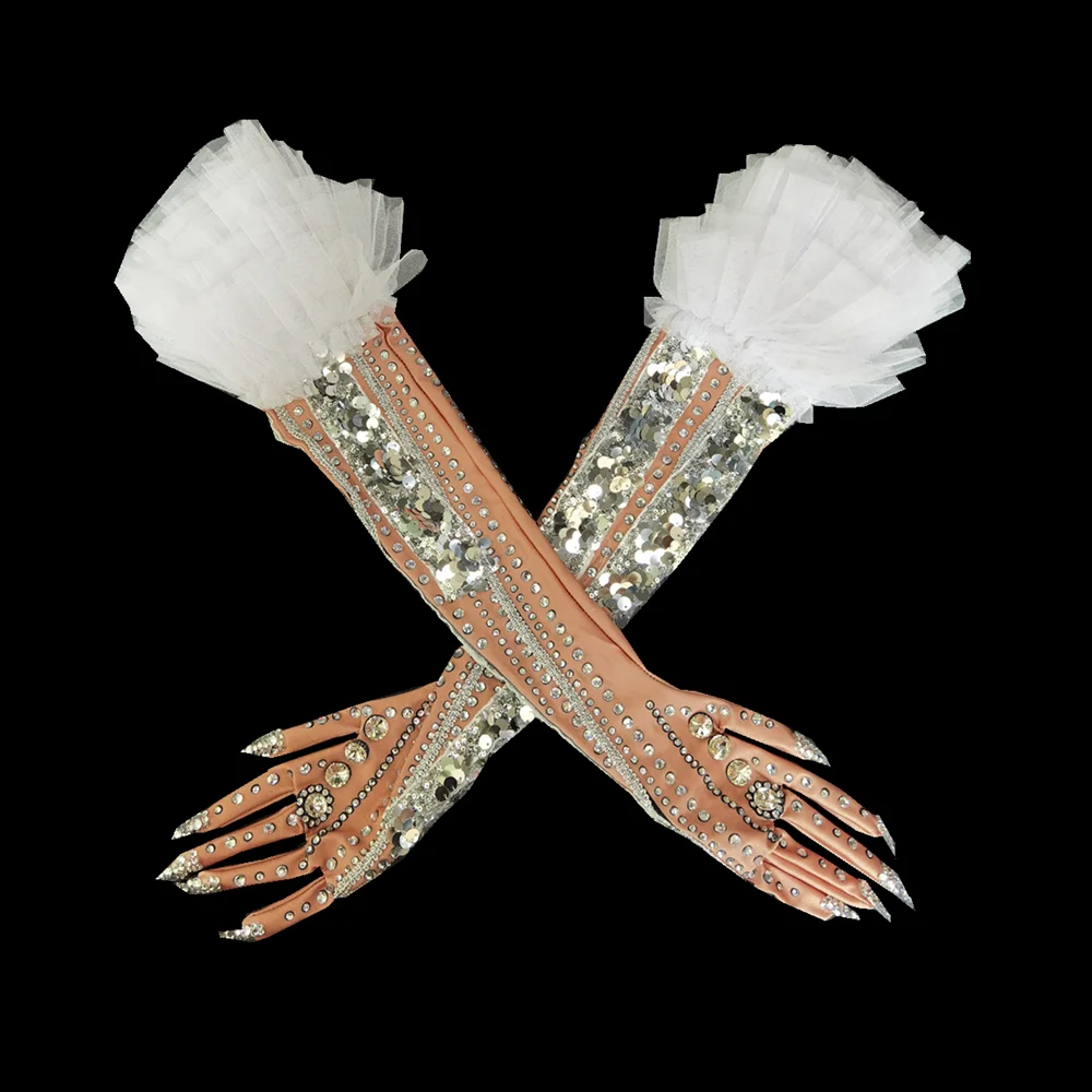 Fashion Party Rhinestone Gloves Women Skin Nude Color Ruffles Crystal Prom Wedding Long Gloves Dancer Singer Stage Accessories