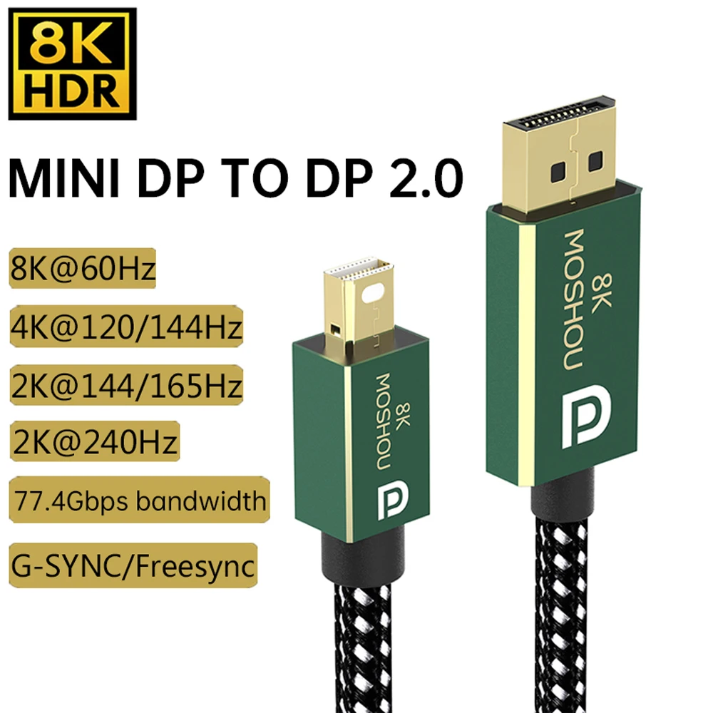 MOSHOU Mini DisplayPort do DP 2.0 kabel 4K @ 144Hz 8K @ 60Hz 77.4 gb/s do komputera wideo Laptop TV RTX 3080