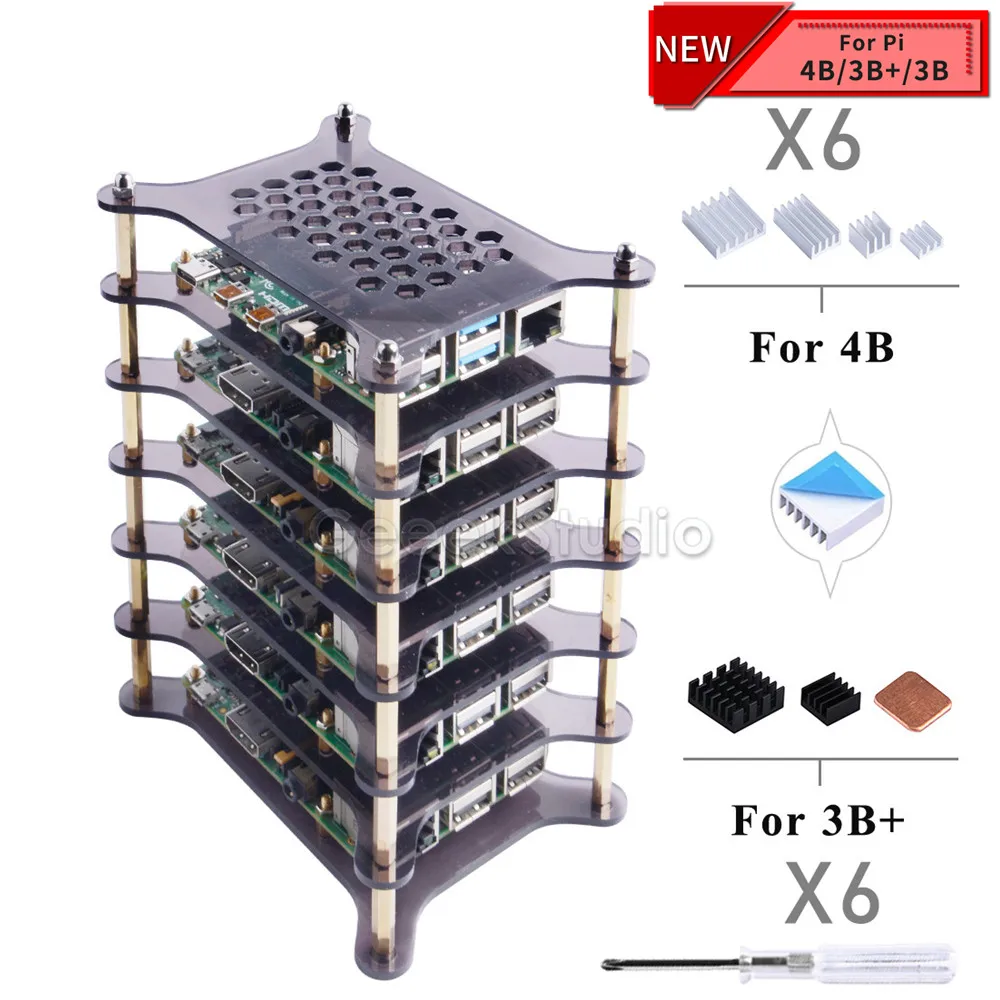 

6 Layers Transparent Clear/Dark Brown Acrylic Case Shell with Heatsink Set Screwdriver for Raspberry Pi 4 B / 3B+ / 3B / 2B / B+