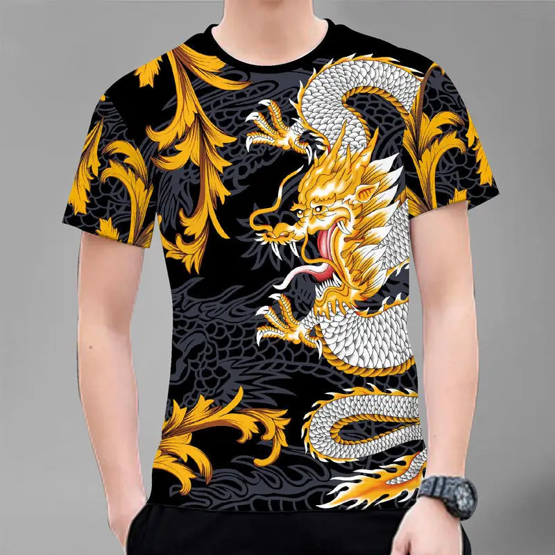 Men's daily casual suit 3D dragon print summer short-sleeved T-shirt + elastic band trousers 2-piece fashion street men's suit