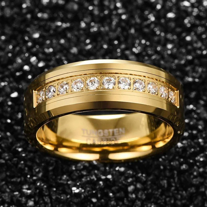 Men\'s 8MM Tungsten Carbide Ring Wedding Band with Round Cubic Zirconia Gold Plated CZ Engagement Ring Size 7-12