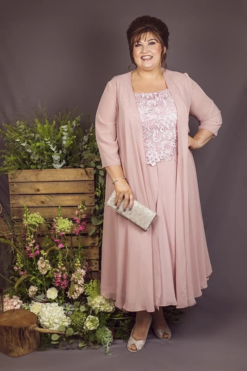 

Plus Size Mother Of The Bride Dresses A-line Tea Length Chiffon Lace With Jacket Short Groom Mother Dresses For Wedding