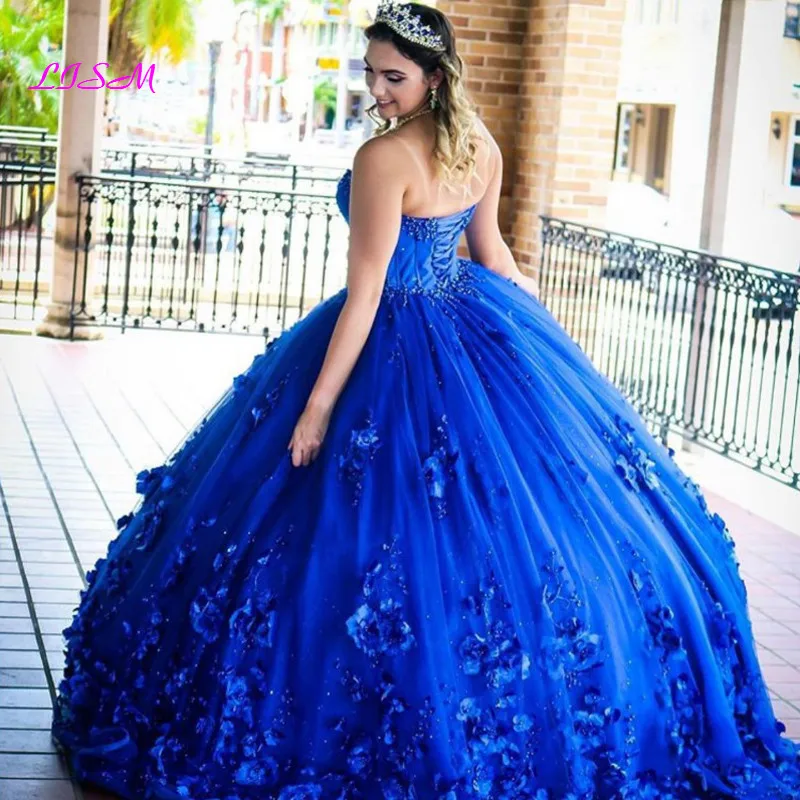 Royal Blau Quinceanera Kleid 2021 Schatz Pailletten Perlen Blumen Prinzessin Party Süße 16 Ballkleid Vestidos De 15 Años