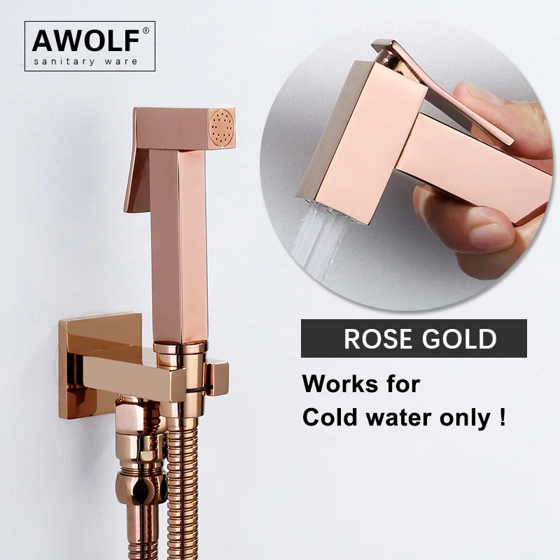 Solid Brass Shiny Rose Gold Handheld Toilet Bidet Sprayer Square Design Bathroom Shattaf Douche kit Shower Bidet Faucet AP2284