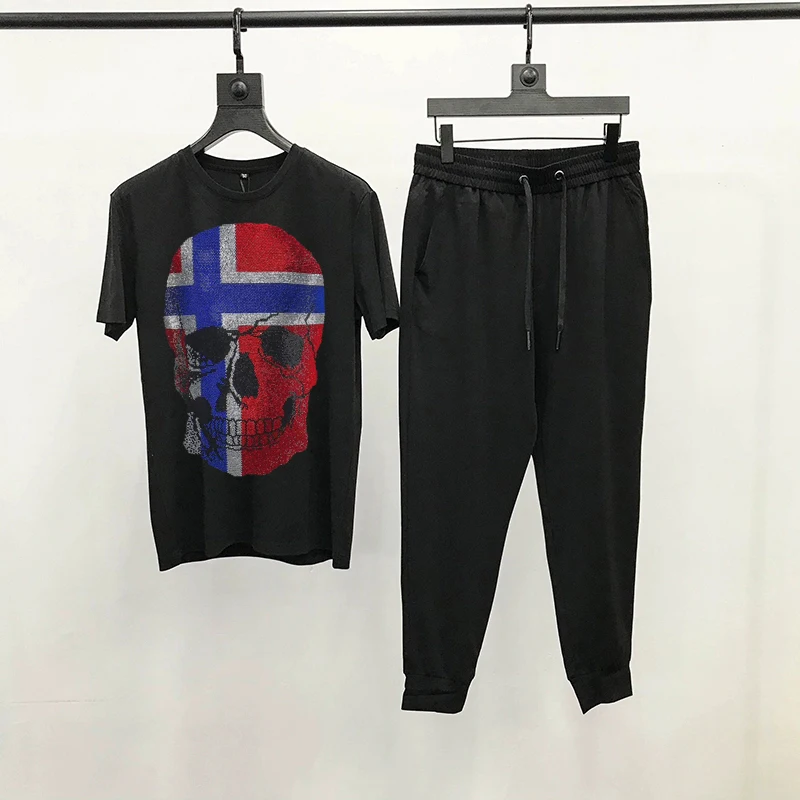 

Hip Hop New Hot Diamond Skull Sweatshirt Tops + Pants 2 Pack/Men's Sets Breathable Couple T-Shirt Tracksuit Oversized