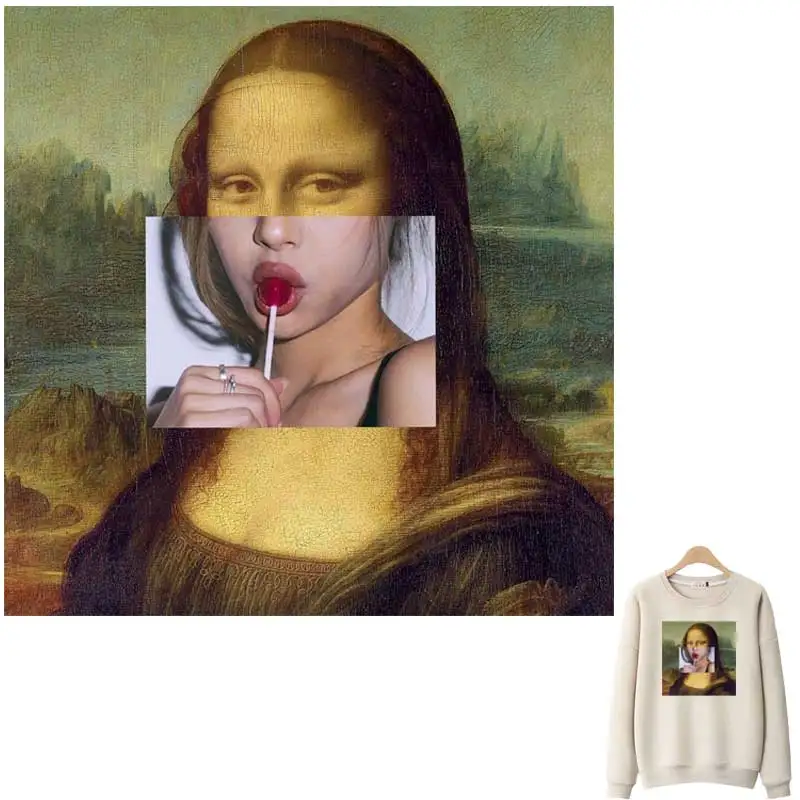 Lollipop Girl Patches On Clothes Washable T-Shirt Sticker Retro Oil Painting Mona Lisa Iron-On Transfer For Clothing Applique