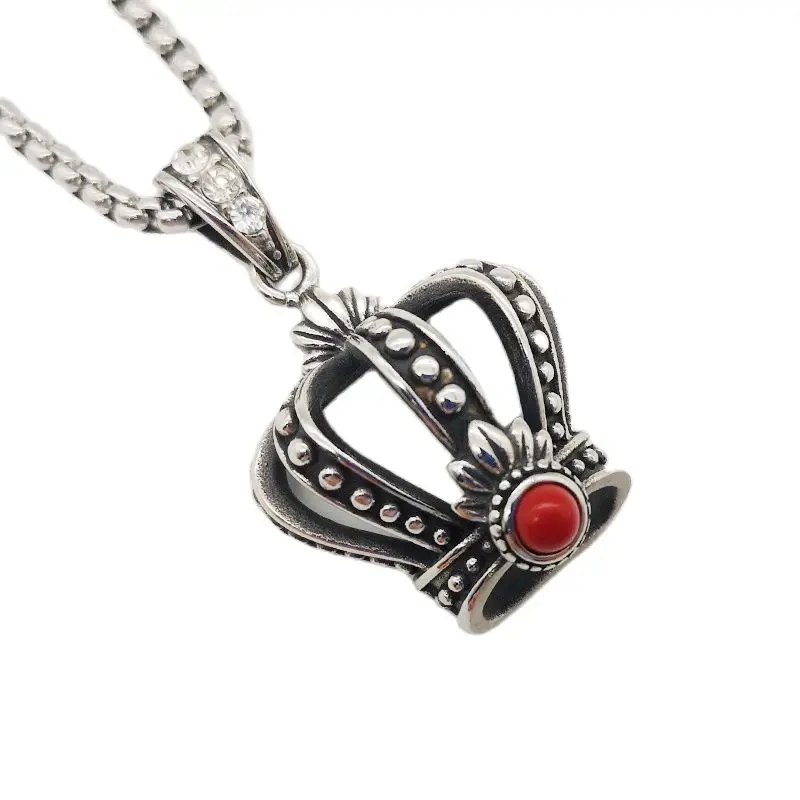 Vintage Silver Color Red Stone Crown Pendant Necklace 316L Stainless Steel 3D Hollow Out Crown Fashion Necklace Jewelry Men Gift