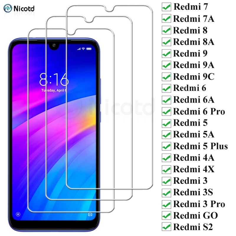 3PCS Protection Glass For Xiaomi Redmi 7 7A 8 8A 9 9A 9C Tempered Screen Protector For Redmi 6 6a Pro 5 5a 4a 4x 3 3s Pro GO S2