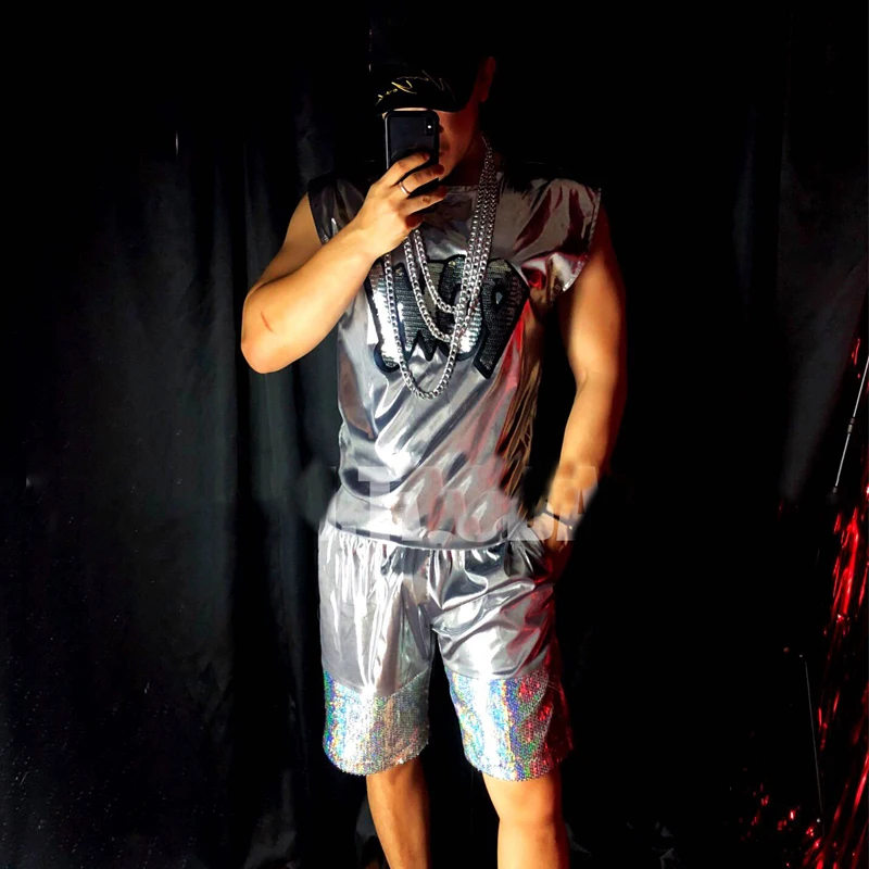 Tech Style Silver Party Jazz Suit Male Sexy Gogo Costume Rave Outfit Nightclub Stage Performance Wear Festival Clothing XS2574