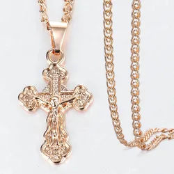 New Cross Crucifix Crystal 585 Rose Gold Color Pendant Necklace for Men Women Prayer Jesus Necklace Chain Fashion Jewelry HGPM26