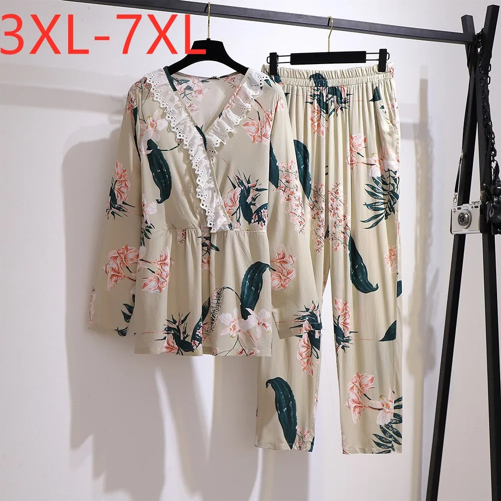 Conjuntos de pijama de algodão estampado floral feminino, pijama solto grande, roupas de manga longa para casa, plus size, 3XL, 4XL, 5XL, 6XL, 7XL, novo, primavera, outono