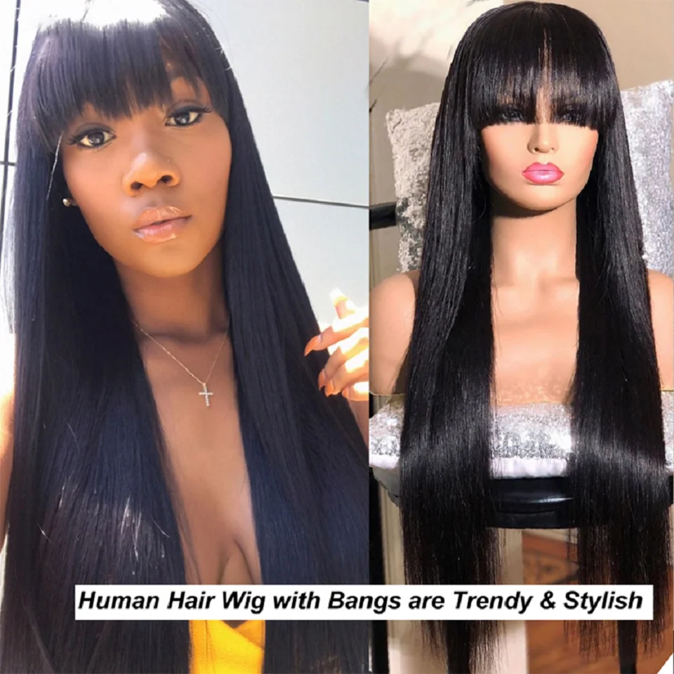 32 34 Inch Straight Human Hair Fringe Wig With Bangs Remy Brazilian Human Hair Machine Made Wig For Women Glueless Wig