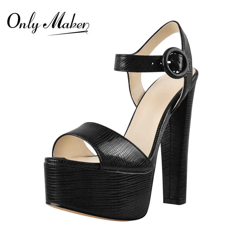 Onlymaker  Women Platform Sandals Peep Toe Matte Black Crocodile Print Ankle Buckle Chunky High Heels Summer Shoes