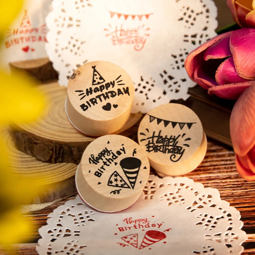 6Pcs Happy Birthday Wood Stamps DIY Scrapbooking Party Wooden Rubber Stamp Craft Supplies Handmade Wooden Stamp for Home Decor
