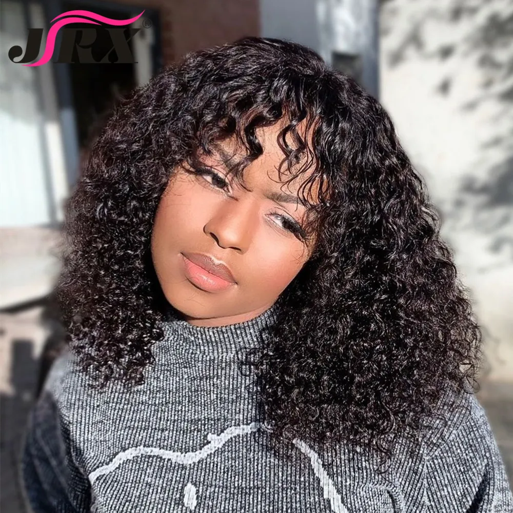 Highlight Brown Color Brazilian Curly Human Hair Wigs with Bangs 180% Density Deep Wave Machine Made Wigs for Women