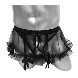 Ruffles Mini Skirts for Mens With Thong Underwear Lingerie Sexy Sets G String Crotchless Black See Through Crossdress Panties