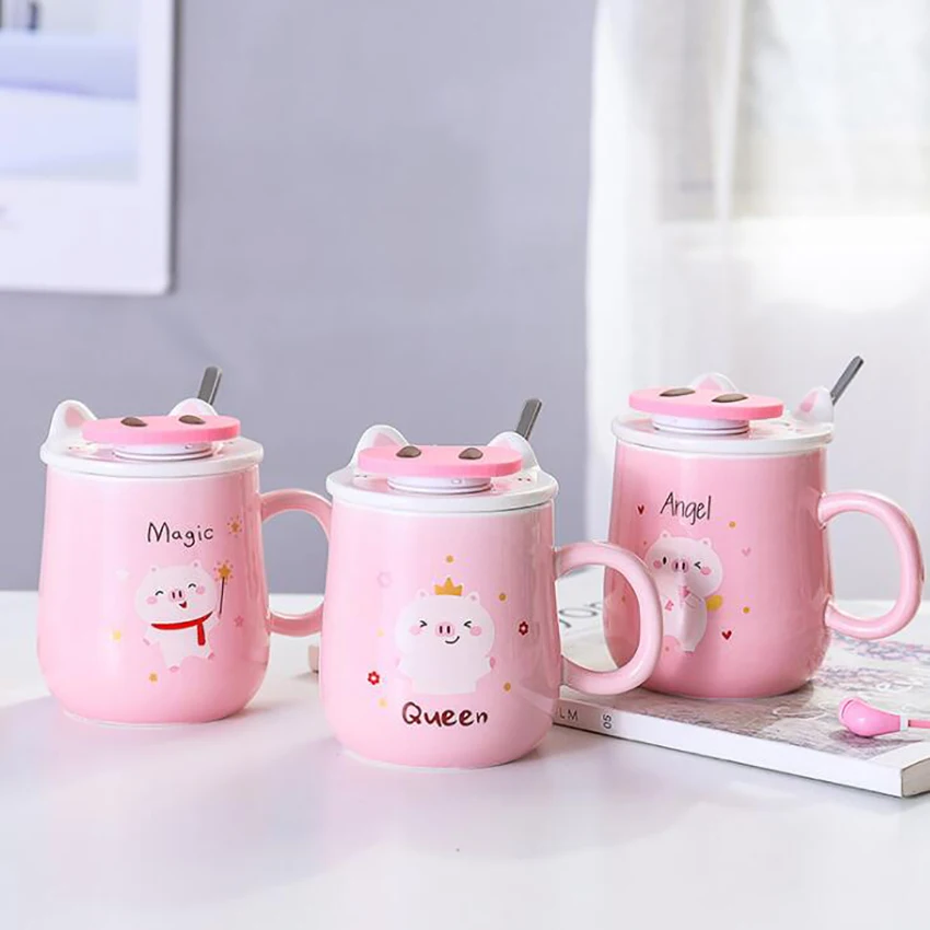 Pink Piggy Ceramic Coffee Mug 400ml Cute Tea Mugs with Matching Lid, Phone Holder Bracket Drinking Cup Great Birthday Present