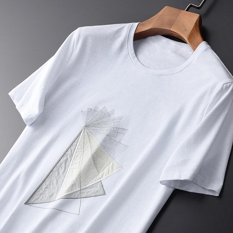 Cotton Spandex Mens Luxury Triangle Geometric Embroidery Men Plus Size 4xl Summer Slim Fit T-shirts Man