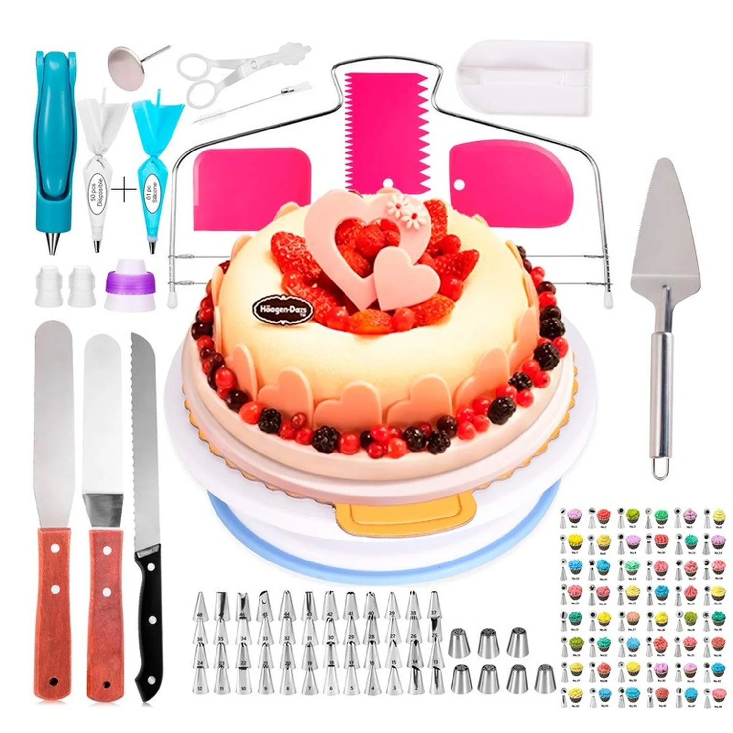 

124 pc Tools Set Pastry Spatula Bags Pen Frosting Tips Cream Blade Turntable Cake Decorating Kits