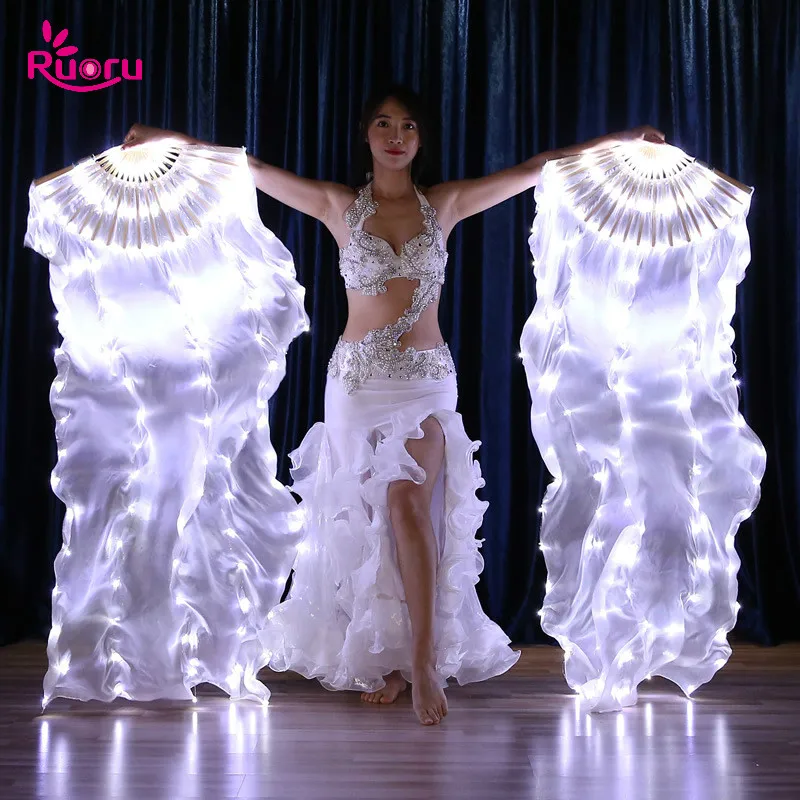 Ruoru 1pcs Fire Performance Carnival Belly Dance LED Fans 180cm Silk led fan veil Belly Dance Costumes Hand Led Fan Veils