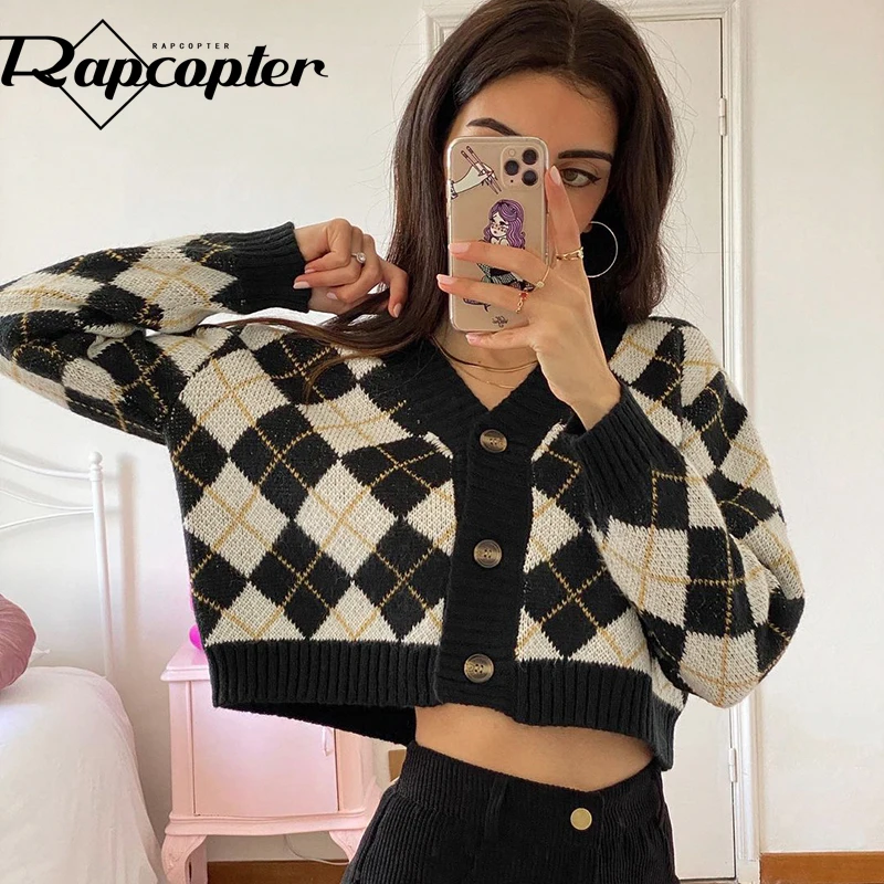 Rapcopter Argyle Knitted Jumpers Button Loose y2k Retro Sweaters Cardigans Long Sleeve V Neck Grunge Cropped Knitwear Women 90s