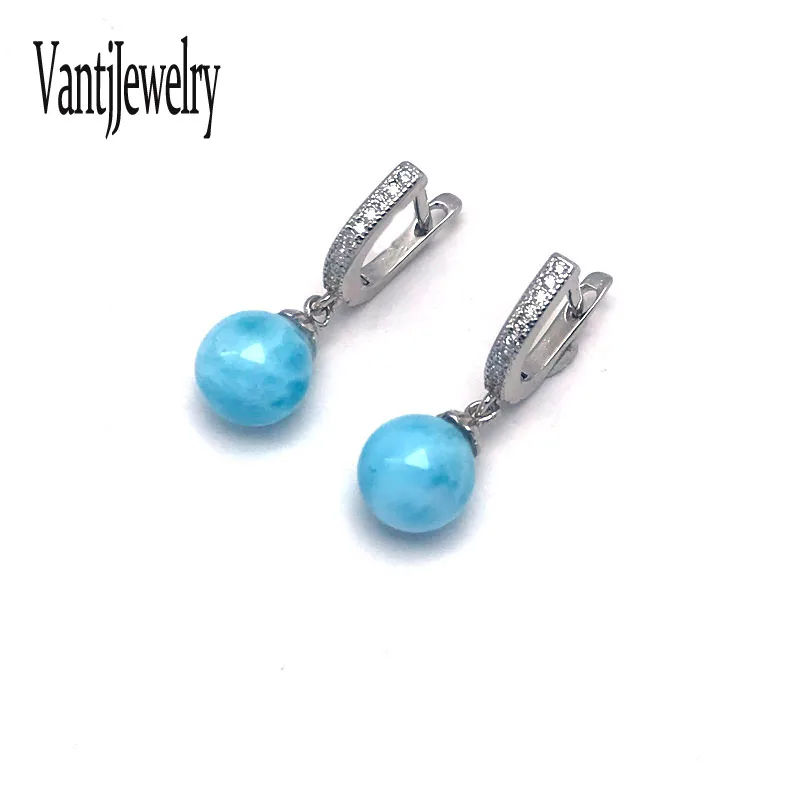 Natural Larimar Dangle Earrings Sterling 925 Silver Gemstone Bead 8-9mm Fine Jewelry for Woman Wedding Party Birthday Gift Box