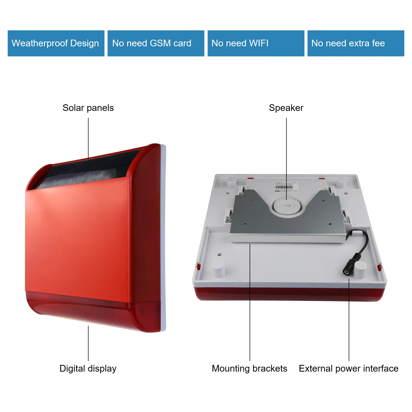 Wolf-Guard Solar Flash Siren Alarm 110dB Outdoor Anti-Tamper Environment Protection Home Security Burglar System Kit 433MHz