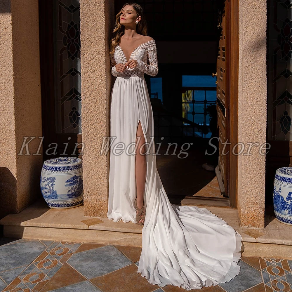 Charming Strand Chiffon Seite Slit Sweep Zug Hochzeit Kleid 2021 Sexy Sheer V-ausschnitt Spitze Langarm Brautkleider