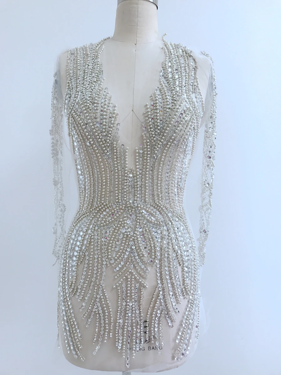 handmade silver/gold rhinestones bodice applique on nude mesh full body patches accessory for dress accessory
