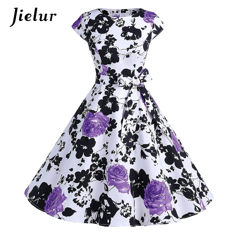 Jielur-Vestido de manga corta con lazo y estampado de flores para mujer, ropa elegante y encantadora con cuello redondo, de algodón y S-XXL, para verano