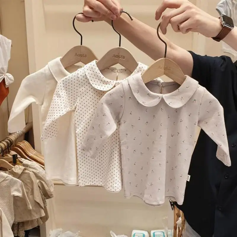 2024 New Autumn Fashion Toddler Kids Baby Boys Long Sleeve Shirts Baby Girls Doll Collar Cotton Blouse Bottoming Tops Clothes