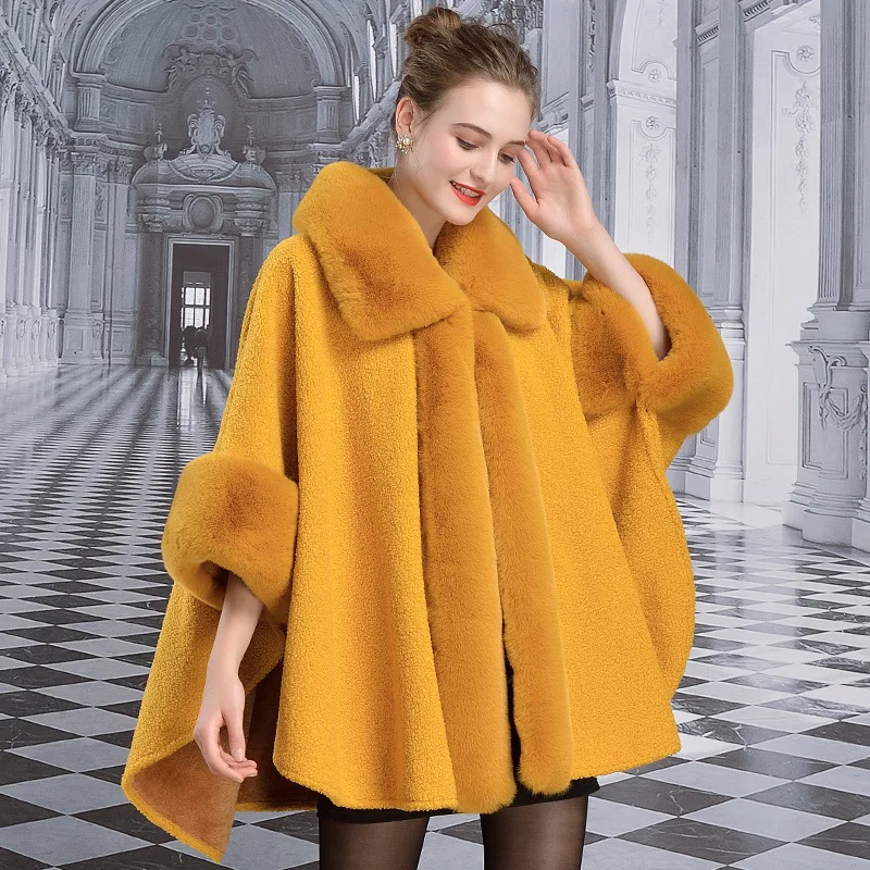 6 Colors Women Big Faux Rabbit Fur Collar Poncho Batwing Sleeves Granular Velvet Cardigan Cloak Long Winter Warm Thick Coat