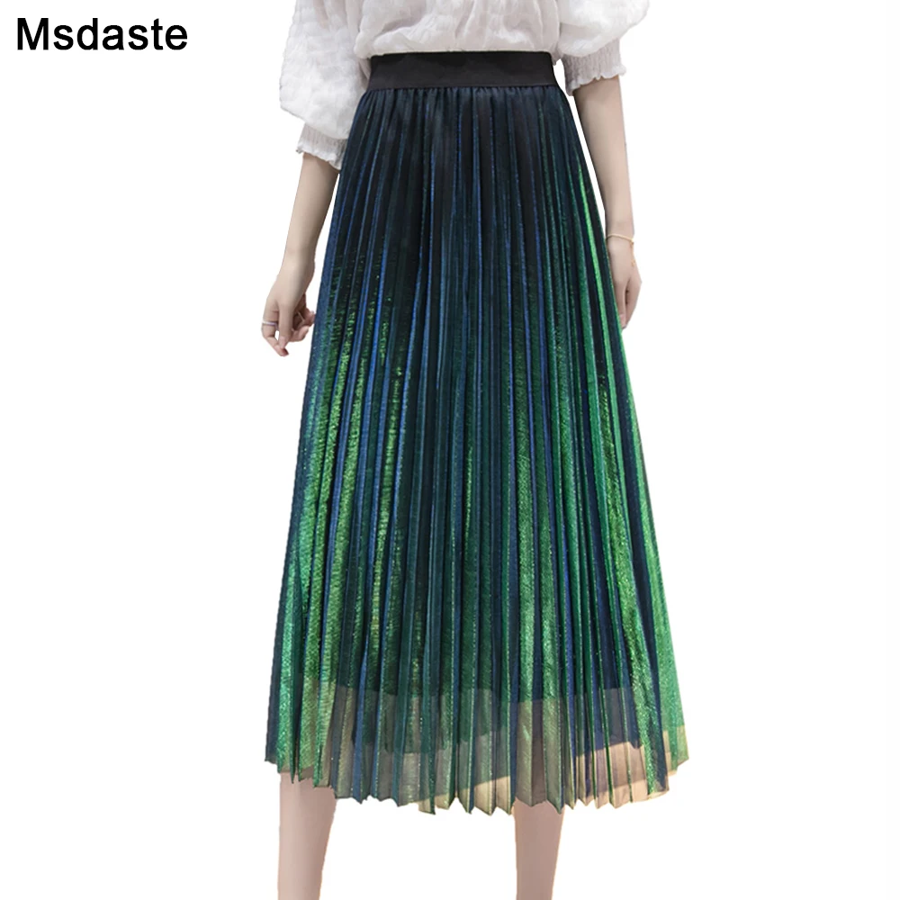 Women Summer Pleated Skirts 2019 Mesh Midi Saia High Waist Vintage Lace Lady Skirt Jupe Femme Falda Etek Mujer Gray Purple Green